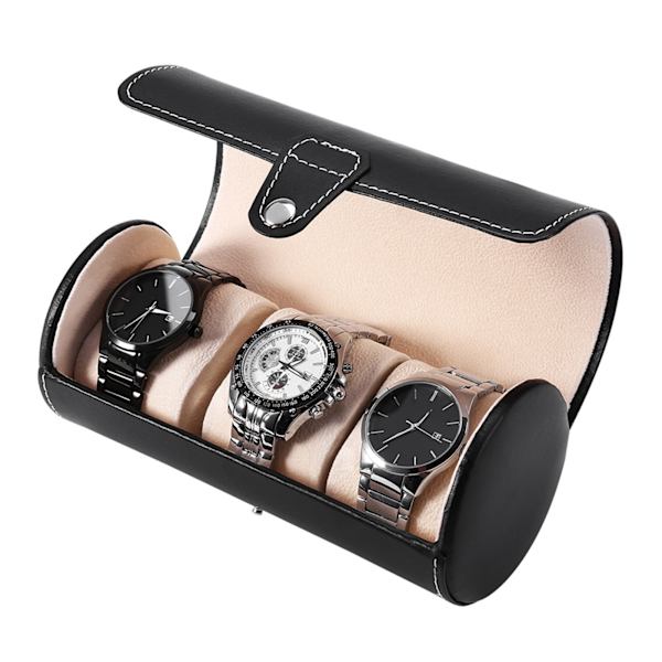 3 Gitter Cylinder Ur Rulleholder Ur Display Etui Smykker Gave Opbevaringsboks (Sort)