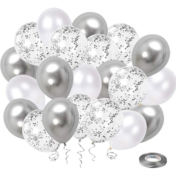 Vita silverkonfetti latexballonger, 50-pack 12 tum silver meta