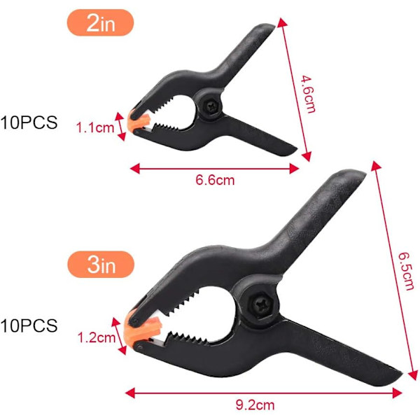 20-pack nylon fjäderklämmor, 10-pack 5,1 klämmor, 10-pack 7,6 klämmor.