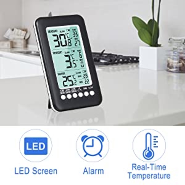 Utomhus- och inomhustermometer - Hög precision digital trådlös termometer för hemmet - Rumstemperatur larmfunktion - med 2 extra sensorer
