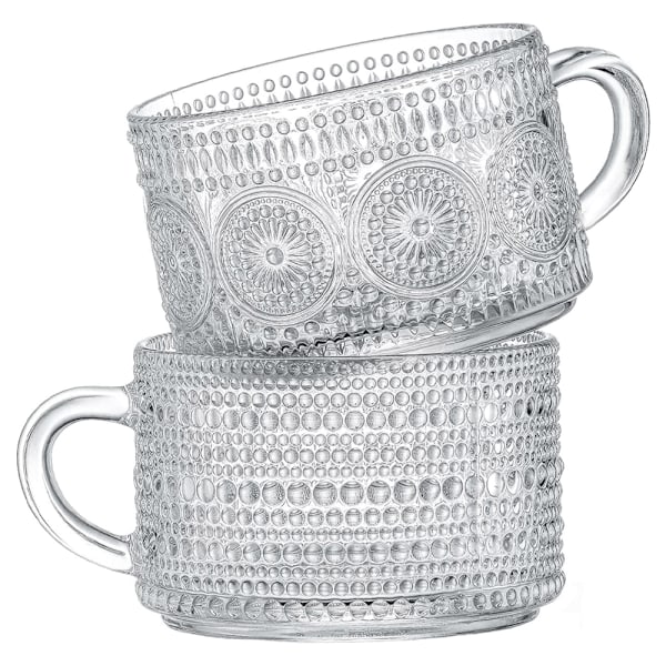 2 stk 400 ml Glass Kaffe Kopper Sett, Preget Te Kopper for Cappuccino, Latte, Kornblanding, Yoghurt, Drikke