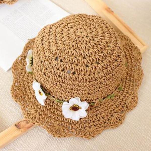 Sommarhatt med bred brätte i halm för flickor, blommig, hopfällbar, strandhatt (brun blomma)