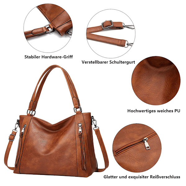 Suuri naisten käsilaukku - Ostoskassi, Shopper, Naisten nahkainen olkalaukku, Naisten crossbody-laukku, Tekonahkainen käsilaukku lompakolla, 2 kpl