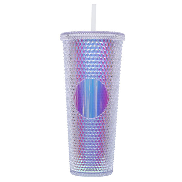 710 ml plastkopp med lock och sugrör, återanvändbar iskaffe-mugg, smoothie-mugg, transparent lasermugg