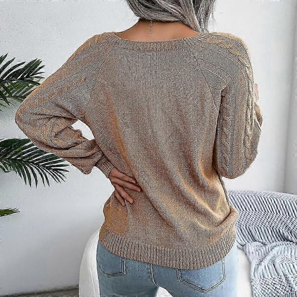 Damstickad tröja mysig tröja rea dam hösttröja snygg fast pullover rundhalsad tröja khaki S