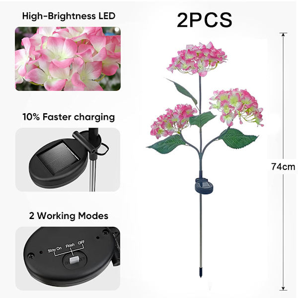 2-pack solcellslampor utomhus, färgglada, hortensia blomljus