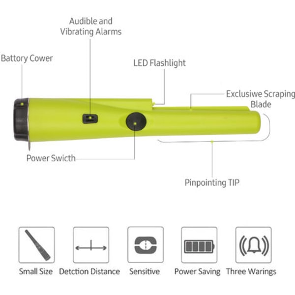 Pinpointer bærbar metalldetektor Pin Pointer skattejaktverktøy Buzzer Vibrasjon Automatisk justering med beltehylster (Grønn)