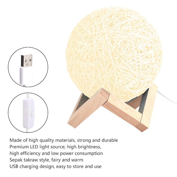 USB-ladbare nattlampe i ballform, Sepak Takraw LED-lys for hjem, soverom, beige