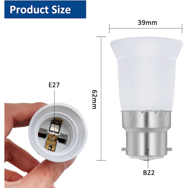 B22 til E27 Adapter Socket for Led Bulb, AC 230V, Konverteringsadaptere for å bytte fra B22 til E27, Skru inn bajonettfatning, Pakke med 6 | JUNJUN