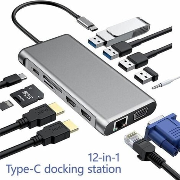 Snow-12 i 1 USB C HDMI Hub Multiport til Dual HDMI I og VGA