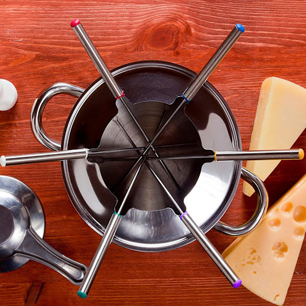 12 stk. fondueskeer i rustfrit stål med varmebestandige håndtag