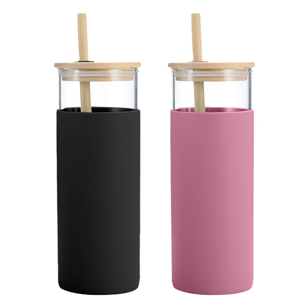 2 glas tumbler glas vattenflaska halm silikon skyddande lock bambu lock, BPA-fri.