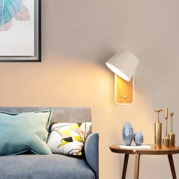 Valkoinen LED-seinävalaisin puualustalla, 6 W lämmin valkoinen 2700 K säädettävä