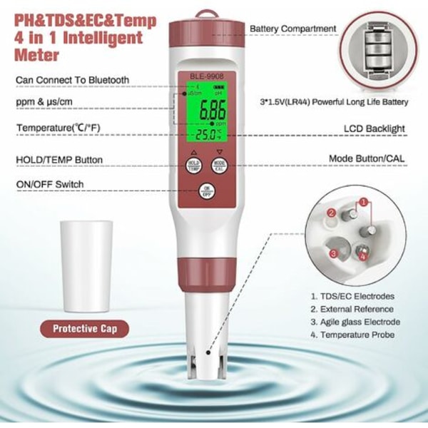 PH Tester Elektronisk Bluetooth 4-1 Meter, ATC Water Quality TesterTDS/EC/Temperature/PH(accuracy0.01), Automatisk Kalibrering Baggrundsbelyst PH Meter for