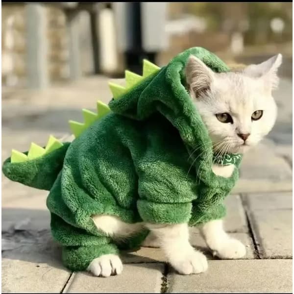 Dinosaurkostume til katte og små hunde til Halloween, varm fleecefrakke, afslappet stil til efterår/vinter S Verde