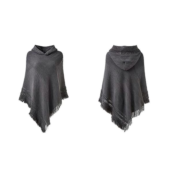 Strikket hætteponcho til kvinder, ensfarvet hæklet sjal med kvaster, oversized pullover-kappe Gray