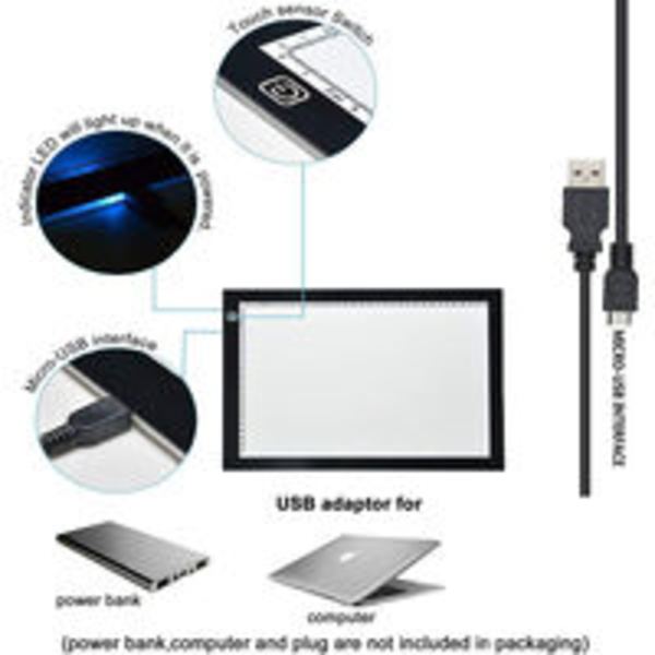 A3 lysboks med justerbar lysstyrke Presis LED-pute Ultra-tynn med USB-kabel Tegnebrett