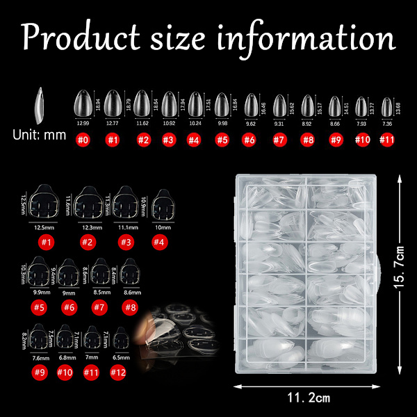 Mandelformade korta nagelspetsar, full cover nagelspetsar, förformade halvmatta spetsar naglar gelé nagelspetsar-360 stycken 12-storlekar, 4 ark nagellim