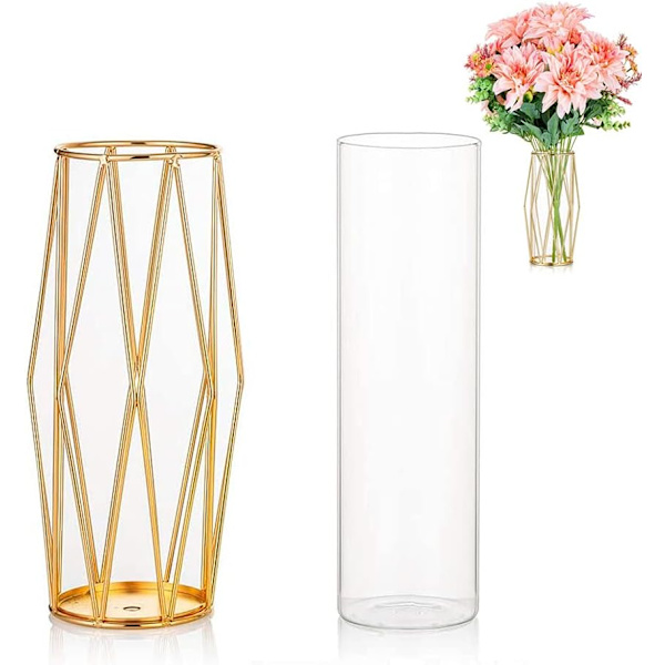 Glasvas, cylindrisk vas, metallvasstöd, vasdekoration, klar glasvas
