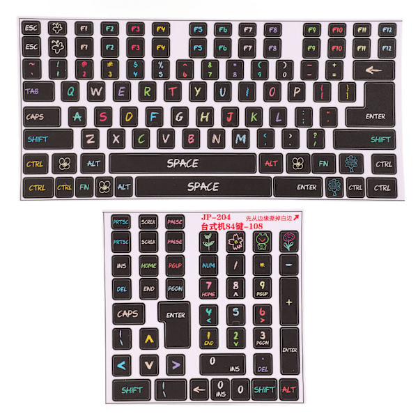 2 stk tastaturklistremerker PVC dekorative generelle stasjonære datamaskintaster klistremerker for 84 til 108 taster tastatur