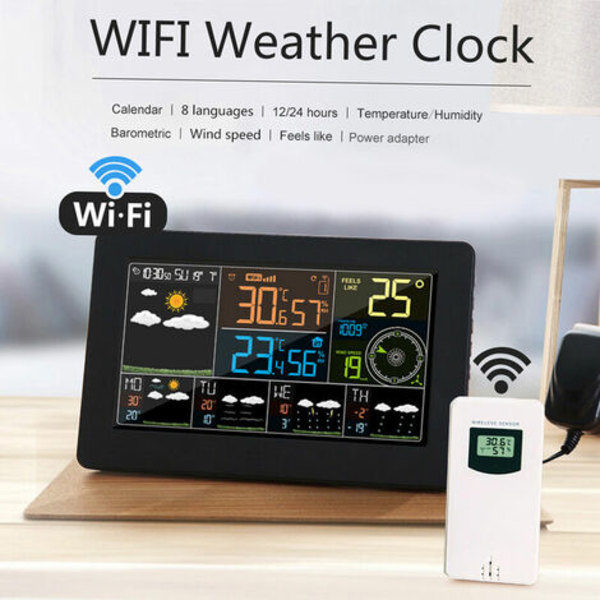 Multifunktionel farve Wifi vejrstation App Smart Control vejrskærm udendørs temperatur indendørs luftfugtighed digitalt lufttryk vindhastighed ur