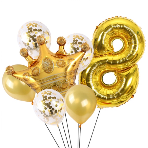 Fødselsdagspynt - Guldnummerballon og kroneballon,