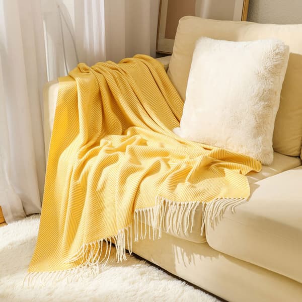 Koselig teppe, sengeteppe, sofa, ullteppe, teppe, pledd, sofateppe, fluffy sofateppe, merinoteppe, fluffy varmt pledd gul yellow 127*172cm
