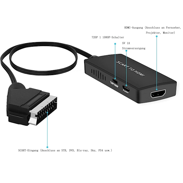 Scart till HDMI-omvandlare, Scart till HDMI-adapter Video Audio Converter HD 1080P med HDMI-kabel, för HDTV STB VHS Xbox PS3 Sky DVD Blu-ray etc