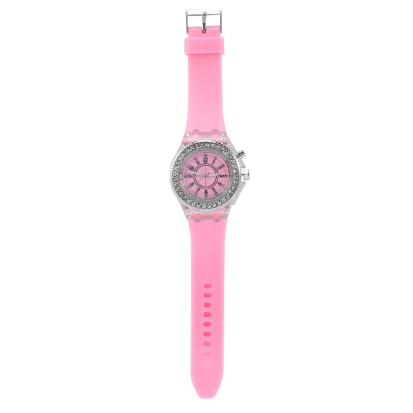 Klocka för flickor med LED-bakgrundsbelysning, kvartsurverk, runt urtavla, silikonarmband (rosa)