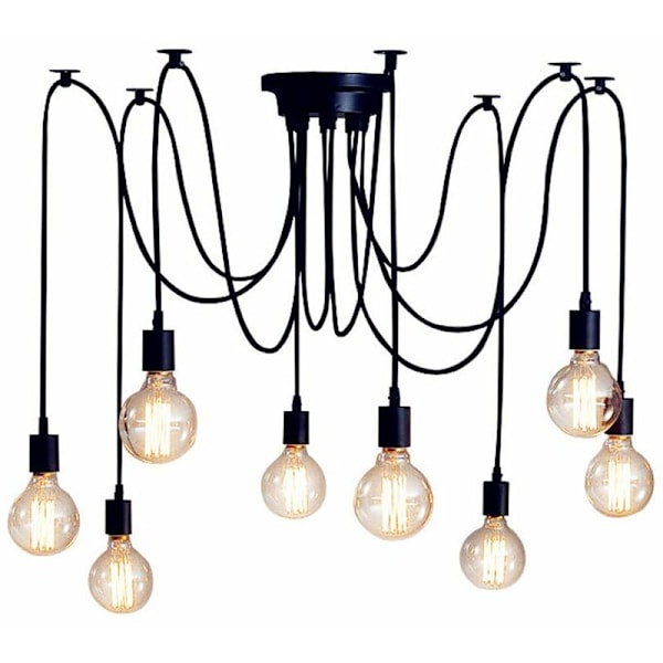 Spindelhänge Kronljusstake E27 Sockel Retro Industriell Svart Lampskärm, DIY Justerbar Längd med 2,0 m Tråd, 8 Armar (Ingen Glödlampa)