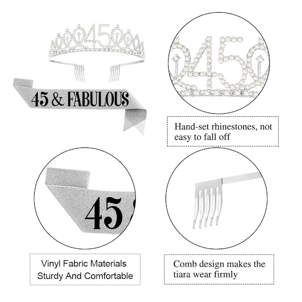 45-vuotissyntymäpäiväsash ja kruunuhiuspanta naisille, syntymäpäiväkruunu onnelliseen 45-vuotissyntymäpäiväjuhlan koristeisiin