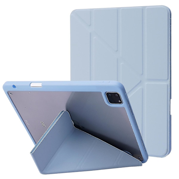 För iPad Pro 12,9 tum (2021)/(2020)/(2018) surfplattafodral automatisk väckning/sömn origami stativ PU-läder + akrylomslag - mörkblå--