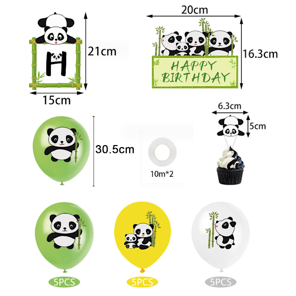 Panda festartikler, Panda Happy Birthday banner, balloner cupcake toppers, Panda tema fødselsdagsfest dekorationer til børn drenge piger