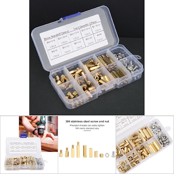 120 kpl Messinki Heksakannat 304 Ruostumattomasta Teräksestä Ruuvit Pähkinät Sarja PCB-levy Standoff Ruuvi Pähkinä Valikoima