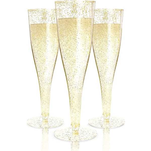 24 Plast Champagne Flutes Disponibel | Guld Glitter Plast
