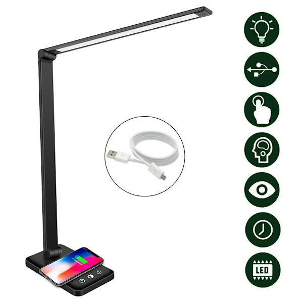 LED-pöytävalaisin, himmennettävä pöytävalaisin 6 W:n langattomalla latauksella ja USB:llä