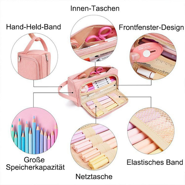 Case Suuri kapasiteetti 2 lokeroa Unisex Case Koulutarvikkeet Case kahvalla koulutoimiston tytöille Naisopiskelijoille Musta