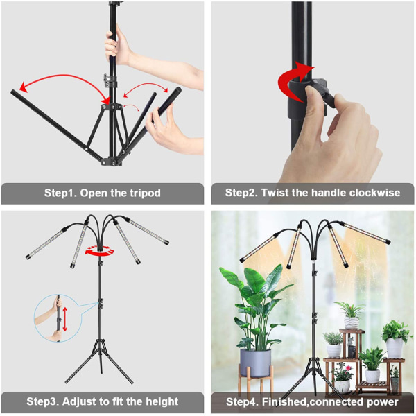 Växtlampor för inomhusväxter, 4-huvud 80 LED golvväxtlampa med