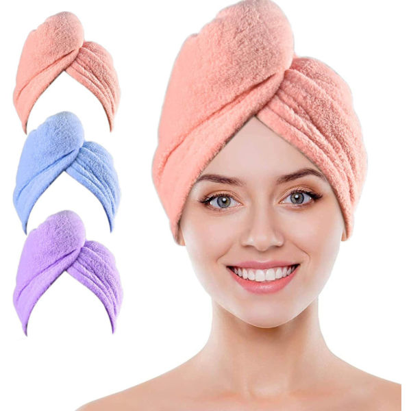 3-pack hårturban, turbanhandduk med knapp