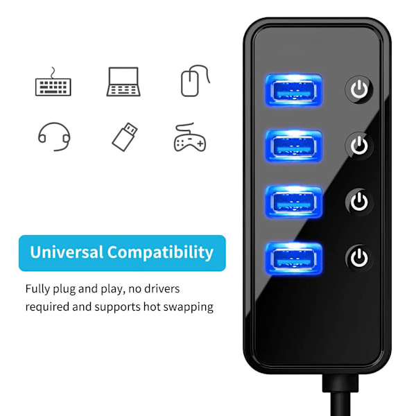 4-Port USB 3.0 Hub med 4 USB 3.0 Data Porte og 1 USB Smart Opladningsport, USB Splitter med Individuelle Tænd/Sluk Knapper og 5V/3A Strømadapter