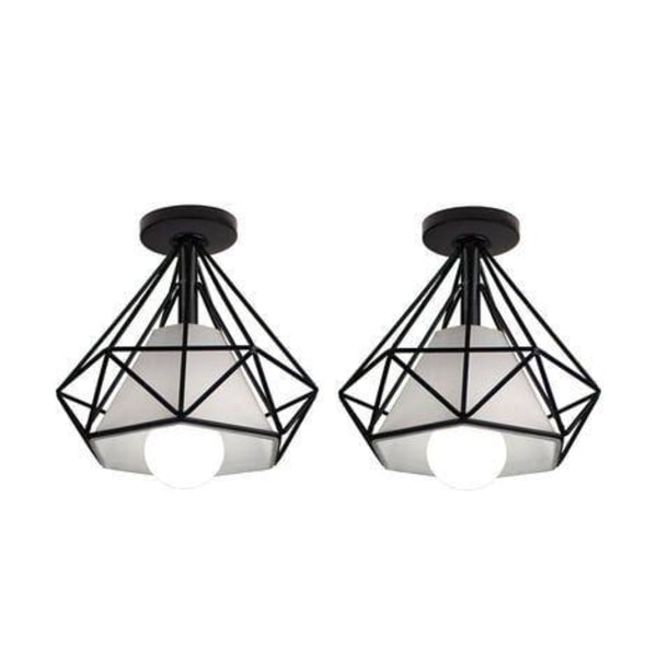 Sett med 2 Retro Industriell Taklampe Bur Diamantformet Metall Jern Lysekrone Hengelampe Armatur for Stue Soverom Kjøkken (Svart)