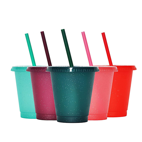 5pcs glitter sequined plastic water cup with straw and lid, coffee cup,red, dark green, wine red, light green, light pink