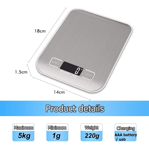 Smart digitalvåg med LCD-display för kök i rostfritt stål, 5 kg/11 lbs, multifunktionell matvåg, uppladdningsbar