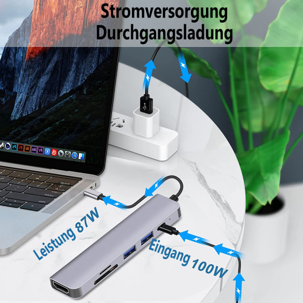 FITLONG USB C Hub, USB C-adapter kompatibel med MacBook Pro / Air-adapter, 6 i 1 med 4K HDMI-udgang, SD/TF-kortlæser, 100W PD, kompatibel med