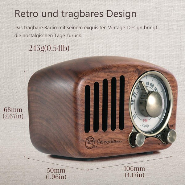 FM Classic Wood Retro Radio Small, Portable Radio with Bluetooth Speaker, Nostalgia Radio with AUX/SD Function, 1100mAh Rechargeable Battery. (Pähkinäpuu)