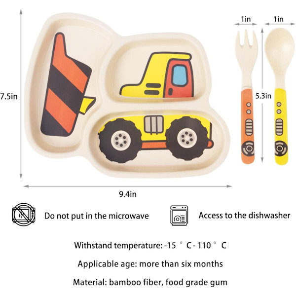 Barntallrik Set Bambu Toddler Matservis Middagsfat Set B bulldozer