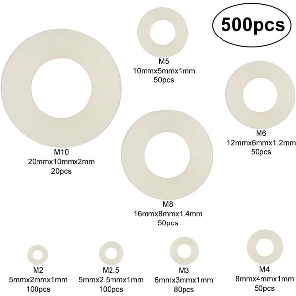 500 kappaletta muovisia aluslevyjä nailon litteitä aluslevyjä M2 / M2.5 / M3 / M