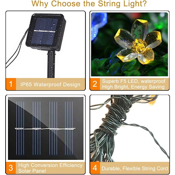 Utomhus solcellslampor, 7 meter, 50 LED-lampor, blomma,