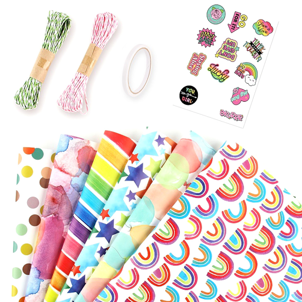 Gift Wrapping Paper Birthday,Rainbow Pink Folded Gift Wrap Set 50X70cm per sheet (6 sheets) W/String and Sticker