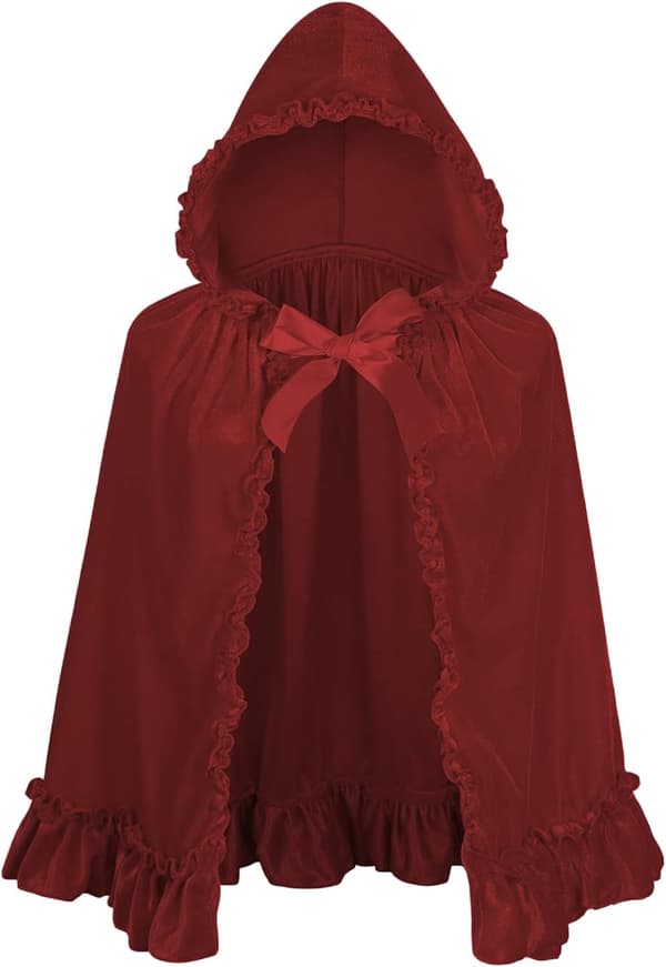 Burgundy Lace Ruffle Hem Halloween Cape, Short Model, 80cm